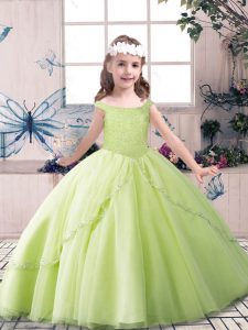 Palabra de longitud con cordones vestidos de desfile para niñas amarillo verde y rosa y blanco para fiesta y boda con rebordear