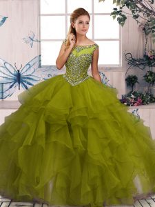 Encantadores vestidos de bola dulce 16 vestido verde oliva primicia organza sin mangas piso longitud cremallera