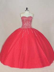Popular novia sin mangas dulce 16 vestidos hasta el suelo abalorios de tul rojo coral