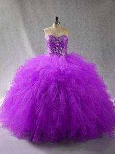 Los más vendidos son de color púrpura con cordones, cuentas de novia y volantes, vestidos de quinceañera de tul sin mangas