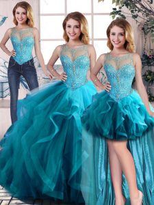 Tres piezas románticas vestidos de quinceañera aqua azul tul longitud sin mangas hasta el suelo con cordones