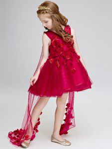 Vino rojo vestidos de bola hechos a mano flor niñas vestido del desfile encaje hasta tul sin mangas