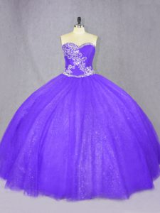 Simple tul púrpura con cordones hasta quinceañera vestido sin mangas hasta el suelo abalorios