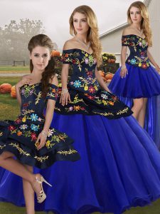 Vestidos de fiesta vestido de quinceañera azul real fuera del hombro longitud del piso sin mangas con cordones