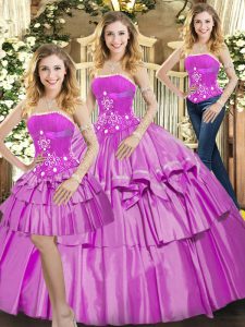 Clásico tres piezas dulce 16 vestido lila sin tirantes de tafetán sin mangas hasta el suelo longitud de encaje