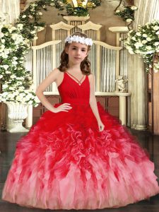 Diseños en rojo y multicolor en las niñas vestido de fiesta y fiesta de bodas con volantes sin cuello con cremallera sin mangas