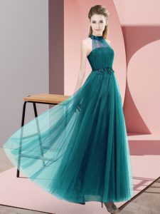 Longitud superior del piso vestido de dama verde azulado tul sin mangas abalorios y apliques
