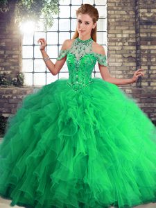 Elegante sin mangas hasta el suelo con abalorios y volantes con cordones vestido de fiesta vestido de fiesta con verde