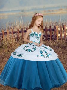 Vestidos de gala perfectos azules correas sin mangas hasta el suelo de organza con cordones bordados vestidos de desfile para niñas