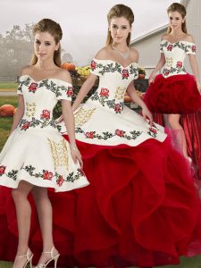 Diseña a medida el largo sin mangas blanco y rojo bordado largo y volantes encaje hasta 15 vestido de quinceañera
