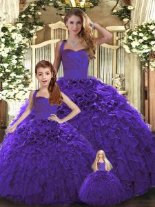 Vestidos de fiesta dulce 16 vestido de quinceañera halter púrpura superior organza longitud del piso sin mangas con cordones