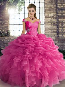 Rosa rosa organza sin mangas con cordones 15 vestido de quinceañera para bola militar y dulce 16 y quinceañera