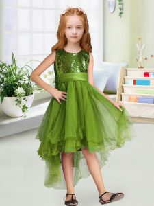 Lentejuelas altas sin mangas de lujo y bowknot con cremallera vestido de niña pequeña con verde oliva