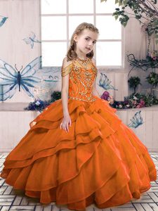 Organza sin mangas moderna de color naranja rojo con cordones en un vestido infantil para fiesta y boda