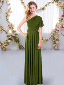 Moderno sin mangas hasta el suelo vestido fruncido cruzado de quinceañera vestido de honor con verde oliva