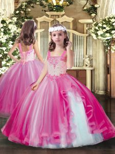 Elegantes rosa sin mangas con cuentas hasta el suelo vestidos de desfile de niña pequeña