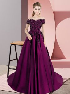 Cremallera de satén púrpura vestido dulce sin mangas 16 tren de encaje corte