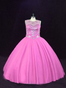 Palabra de longitud vestido de fiesta rosa vestido de fiesta de tul sin mangas abalorios