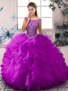 Grandes vestidos de bola dulce 16 vestido púrpura organza sin mangas longitud del piso cremallera