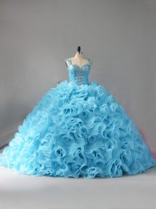Brillante corte tren vestidos de bola vestido de quinceañera correas de bebé azul tela con flores onduladas cremallera sin mangas