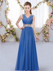 La gasa sin mangas azul de la venta caliente para el vestido de tribunal de honor de la quinceañera para el banquete de boda