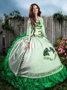Venta caliente verde sin mangas bordado y volantes longitud del vestido dulce 16