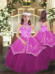 Halter personalizado sin mangas vestido del desfile infantil longitud del piso bordado tul lila