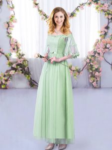 Elegante piso largo con cremallera lateral vestido verde manzana para boda con encaje y cinturón