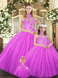 Elegante lila con cordones halter top bordado membrillo vestidos de bola de tul sin mangas