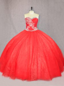 Vestido de quinceañera sin mangas con abalorios rojo personalizado a medida