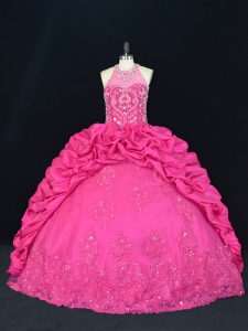 Vestido de quinceañera con cordones, rosa intenso para dulce 16 y quinceañera con abalorios y apliques, bordados y pick ups