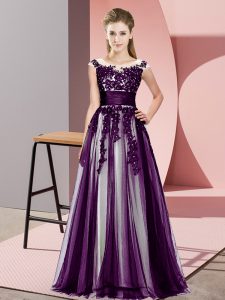 Atractivo vestido de damas púrpura oscuro, fiesta de bodas con abalorios y encaje, cremallera sin mangas