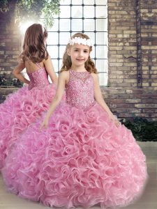 Vestido de color rosa con cordones y abalorios, vestido de niña pequeña con flores onduladas sin mangas