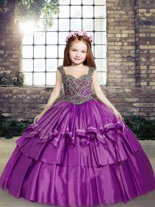 Correas púrpuras de encaje hasta abalorios niña desfile vestido sin mangas