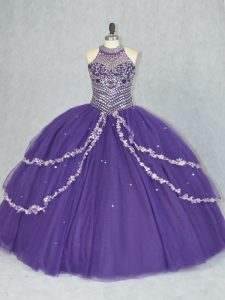 Palabra de longitud vestido de quinceañera púrpura tul sin mangas abalorios