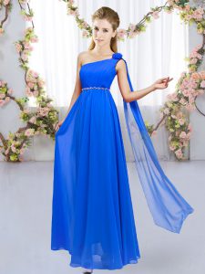 Longitud del piso vestido de dama azul real para quinceañera gasa sin mangas abalorios y flor hecha a mano