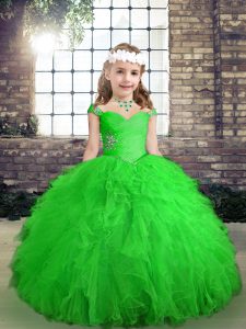 Asequibles vestidos de bola verde con abalorios y volantes, vestidos de desfile de niñas pequeñas, con cordones de manos libres hasta el suelo.