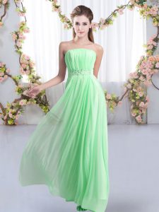 Hermosa manzana verde quinceañera corte de honor vestido sin tirantes sin mangas barrido tren encaje hasta