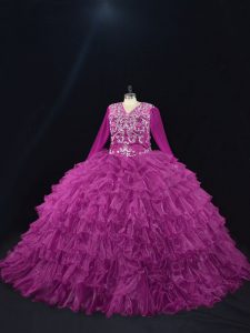 Fabuloso vestido de quinceañera con cordones de color púrpura, abalorios y capas con volantes, mangas largas, hasta el suelo