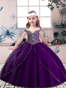 Correas gloriosas sin mangas con cordones niña desfile vestidos berenjena tul púrpura