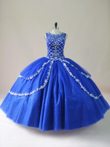 Encantador azul real vestidos de bola sin mangas de tul longitud del piso cremallera rebordear vestidos de quinceañera