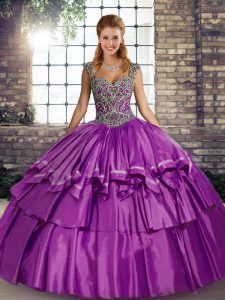 Deslumbrantes vestidos de bola púrpuras tafetán correas sin mangas y volantes capas hasta el suelo vestido de quinceañera con cordones