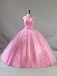 Dulce rosa sin mangas abalorios piso longitud dulce 16 vestidos