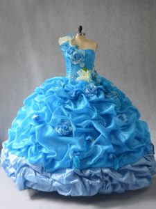 Organza azul bebé encaje hasta un hombro largo sin mangas piso vestidos de quinceañera pick ups y flores hechas a mano