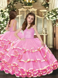 Vestidos de gala únicos vestidos de desfile para niñas, correas rosadas, organza, sin mangas hasta el suelo, con cordones