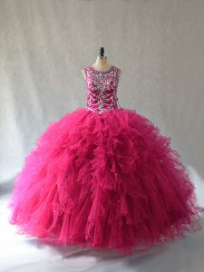 De moda de color rosa caliente con cordones primicia abalorios quinceañera vestidos de tul sin mangas