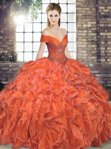 Maravilloso piso de longitud vestidos de bola sin mangas naranja rojo dulce 16 vestido de quinceañera con cordones