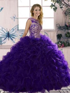 Agraciada organza púrpura con cordones hasta el piso sin mangas hasta el suelo dulce 16 vestidos con abalorios y volantes