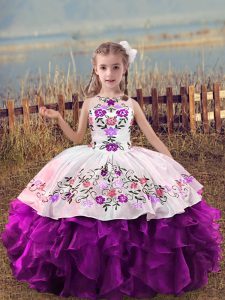 Palabra de longitud vestidos de bola sin mangas púrpura niño desfile vestido con cordones