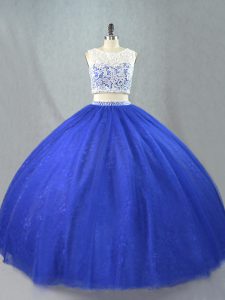 Impresionante vestido de tul sin mangas hasta el suelo con cierre dulce 16 en azul real con encaje